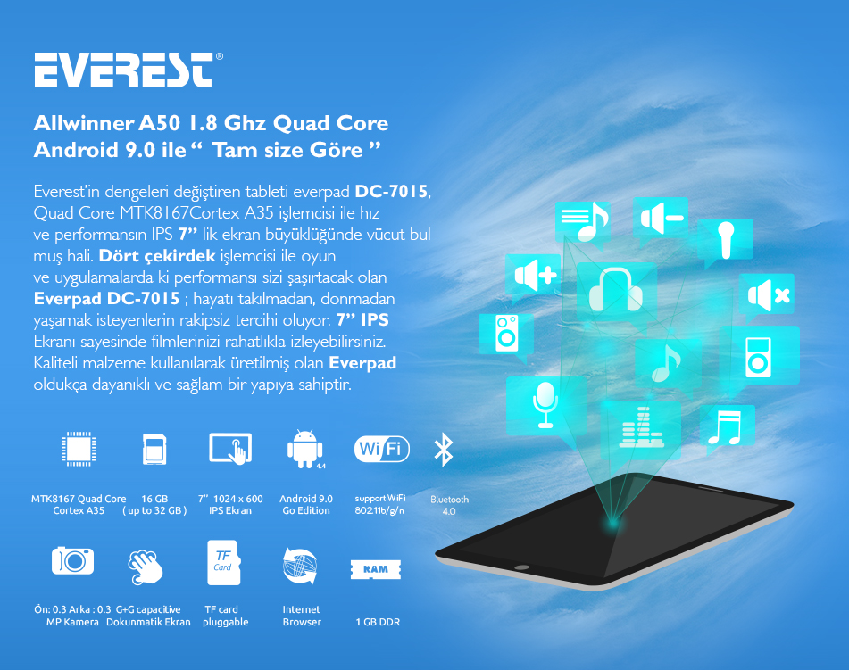 Everest EverPad Dc-7015 16Gb 1Gb Android 9 Go Ips 7'' Beyaz Tablet